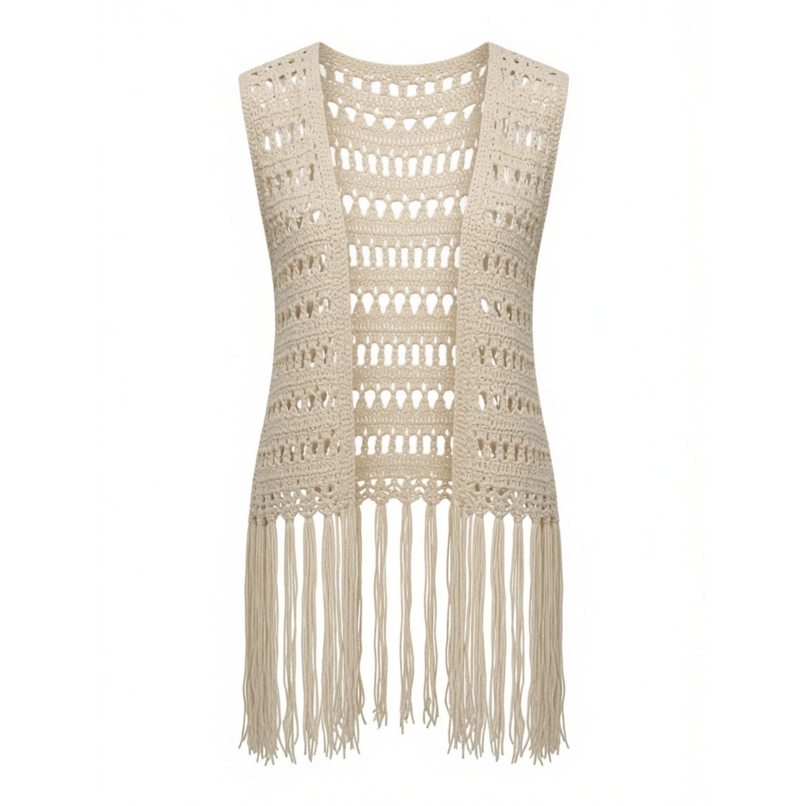 Umgee Natural Ivory Crochet Fringe Vest Sz M Boho Festival Open Front Layering
